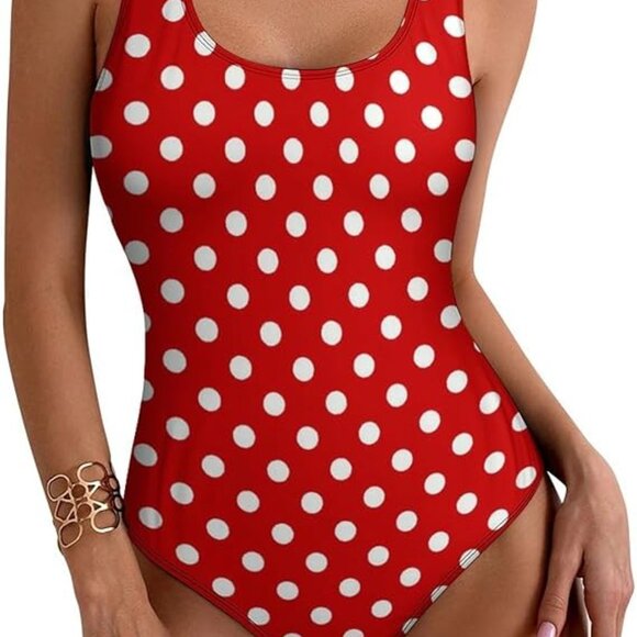 NWT One piece Swimsuit with detachable cover-up skirt - Red and white polka dot - Picture 6 of 6